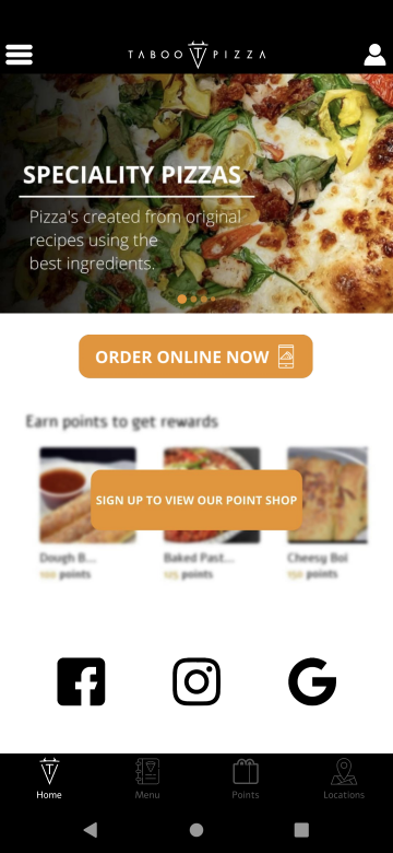 Taboo Pizza App Intro Screen